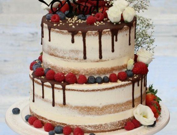 Naked Wedding Cake With Fruits Roses Rings Weddings Fashion