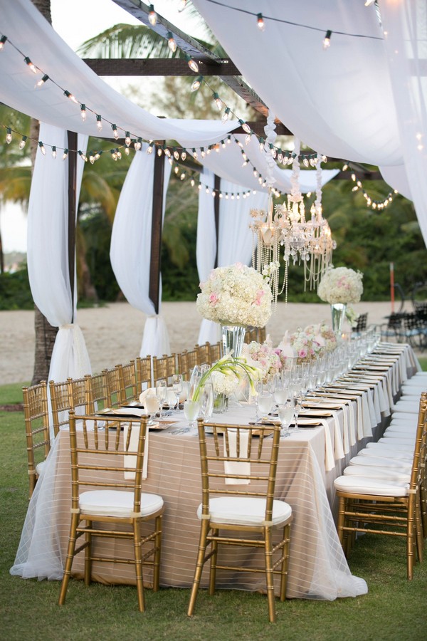 Outdoor Wedding Reception Ideas With Ivory Draping Fabric Roses