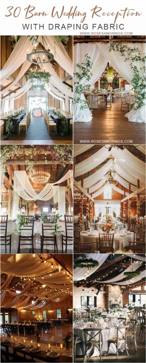 30 Rustic Barn Wedding Reception Space with Draped Fabric Decor Ideas