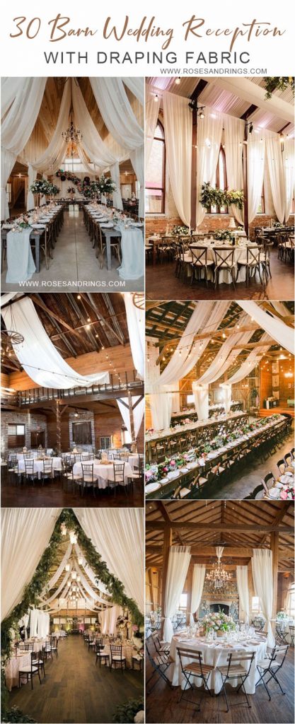 30 Rustic Barn Wedding Reception Space with Draped Fabric Decor Ideas