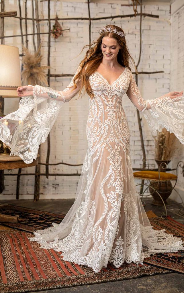 20 Boho Wedding Dress Ideas For Your Wedding 2024 Roses Rings   Lenox A1 642x1024 