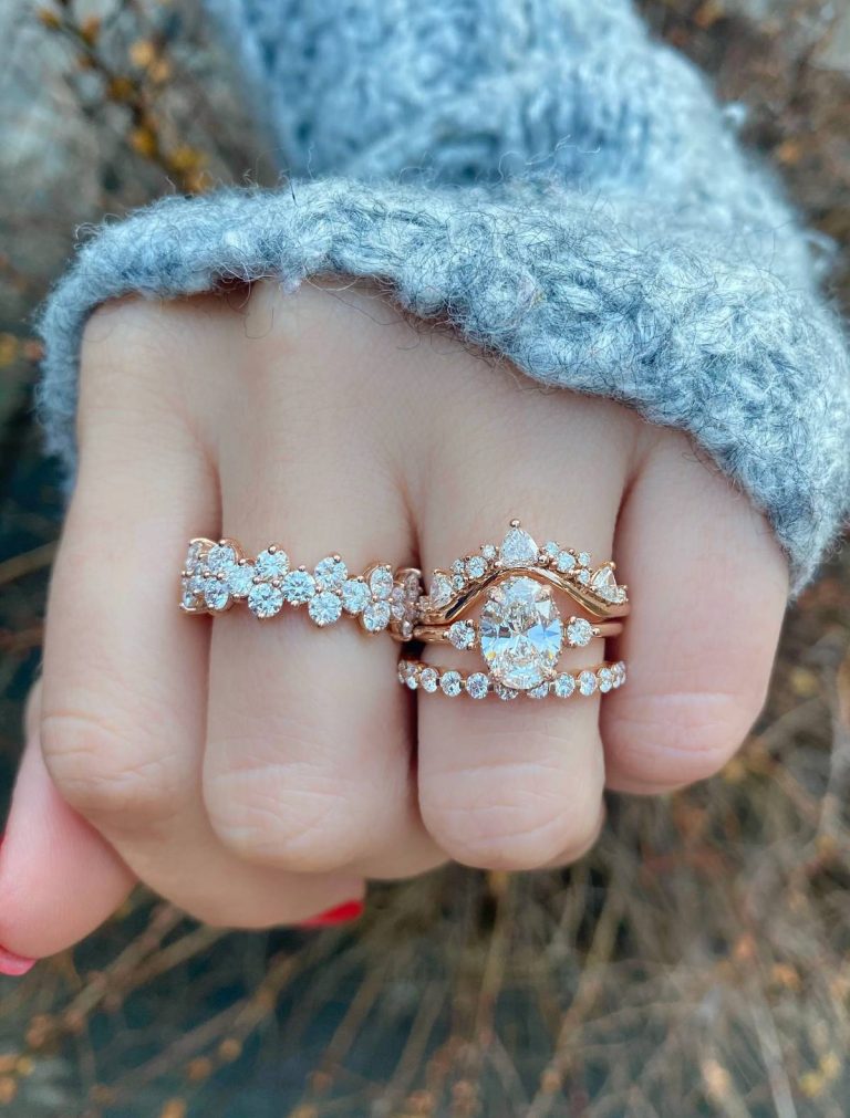 20 Rose Gold Engagement Rings For Every Bridal Style 2024   Vintage Floral Rose Gold Engagement Ring Bridal Set 768x1011 